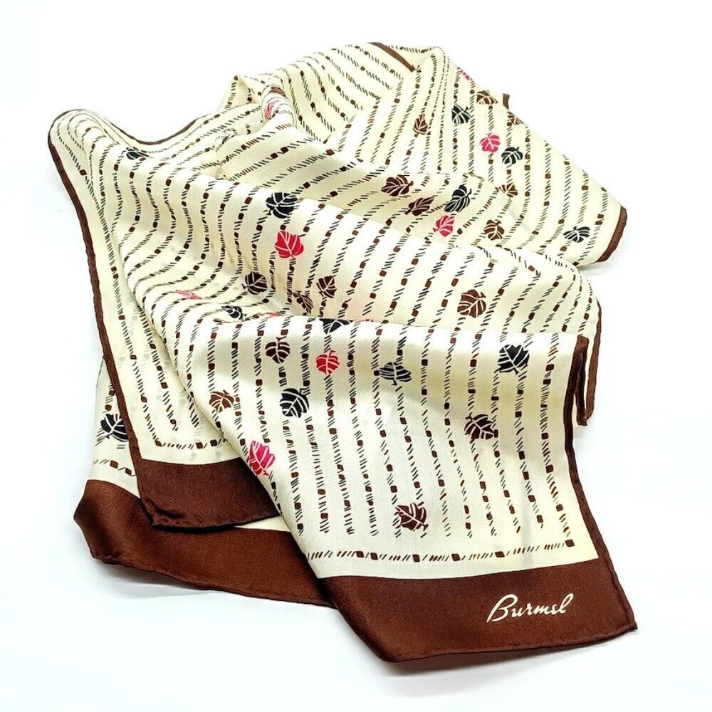 Vintage Burmel Brown Cream Leaf Print Silk Oblong Scarf